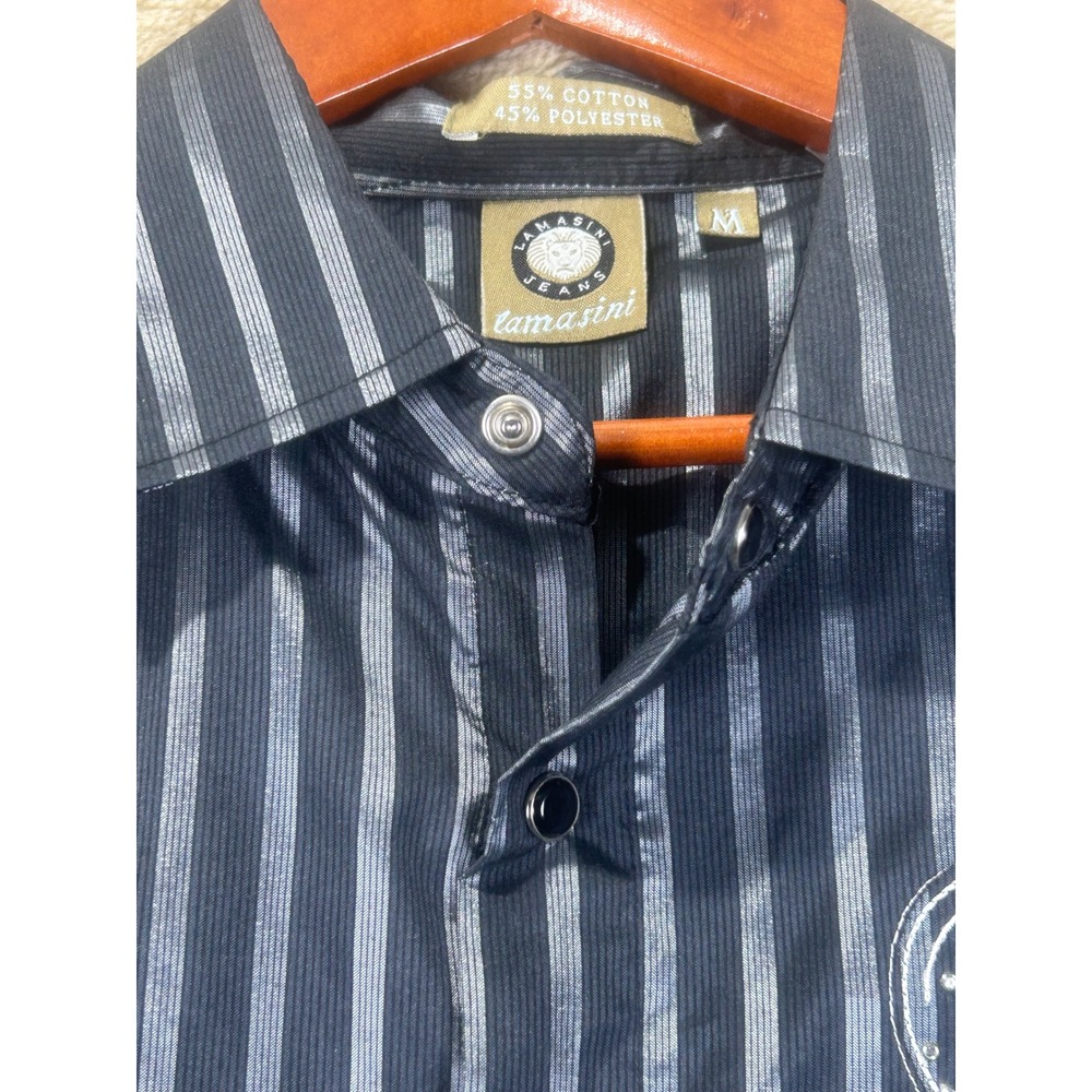 Lamasini Mens M Black Silver Striped Embroidered Rhinestone Snap Button‎ Western - Picture 4 of 7